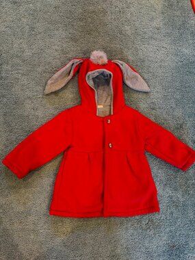 Girls Red Bunny Ear Hooded Coat 3-4Y - Missing Top Button